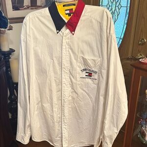 Tommy Hilfiger Men's White Shirt with Red and Black Collar